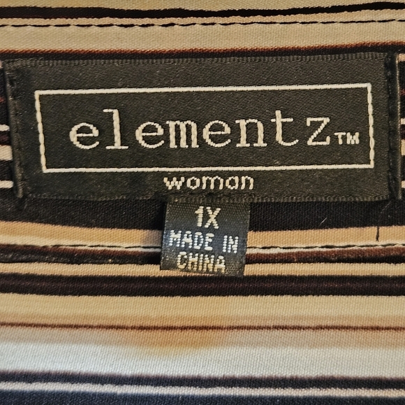 Elementz Striped Button Down Women's Short Sleeve Roll Tab Blouse Cream Black 1X - Picture 6 of 12